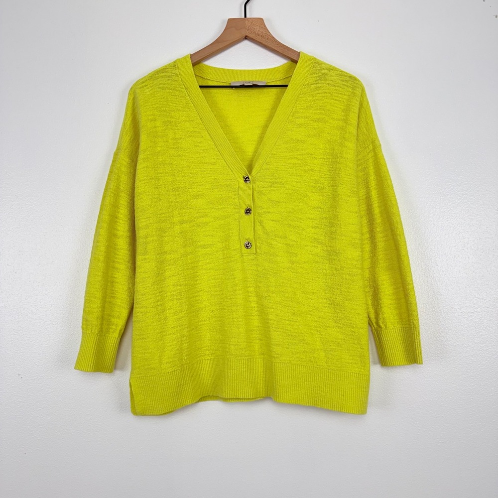 LOFT Henley Sweater Top Size M Bright Yellow Knit Cotton Blend 3/4 Sleeves Chic - Picture 14 of 14